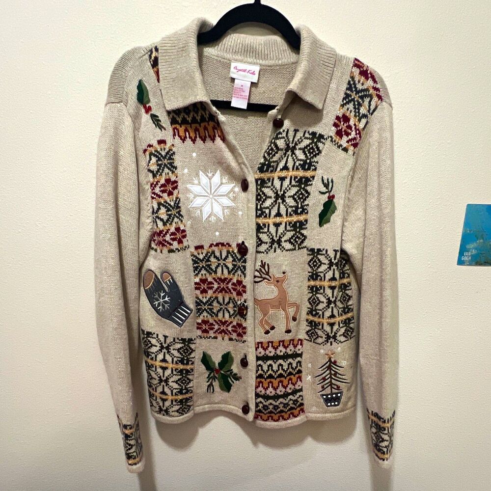 Crystal Kobe Women’s M Ramie Cotton Knit Fair Isle Reindeer Button Cardigan